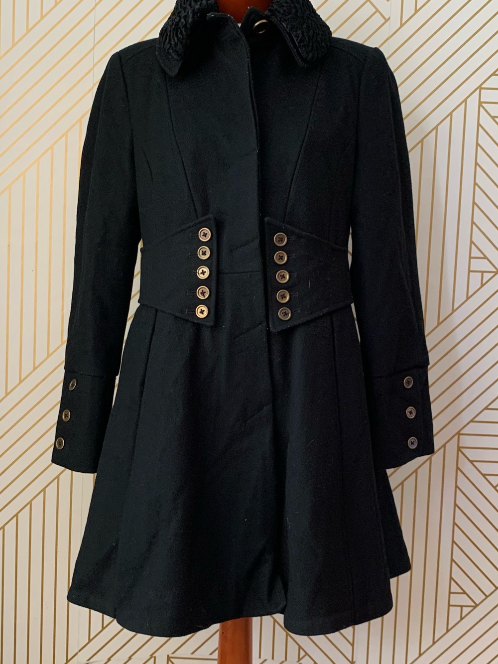 Betsey Johnson Y2K 2000's Black Wool Military Princess Coat Leopard Rose Lining